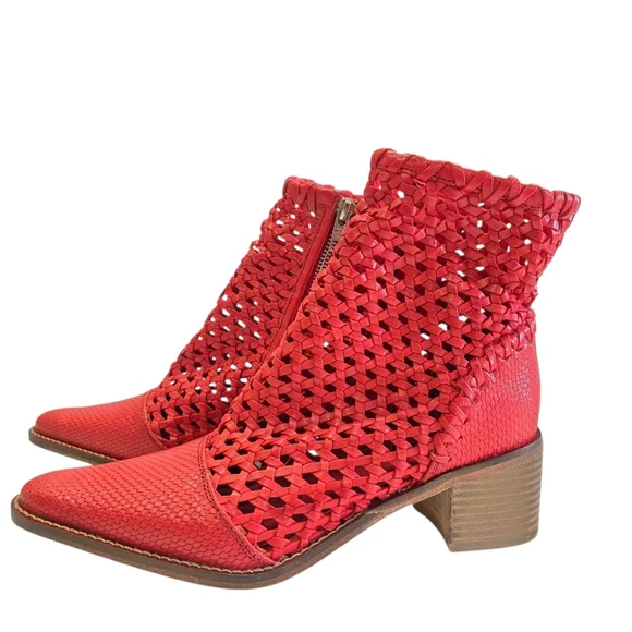 Free people In The Loop Red Leather Woven ankle  Boots - Picture 2 of 15